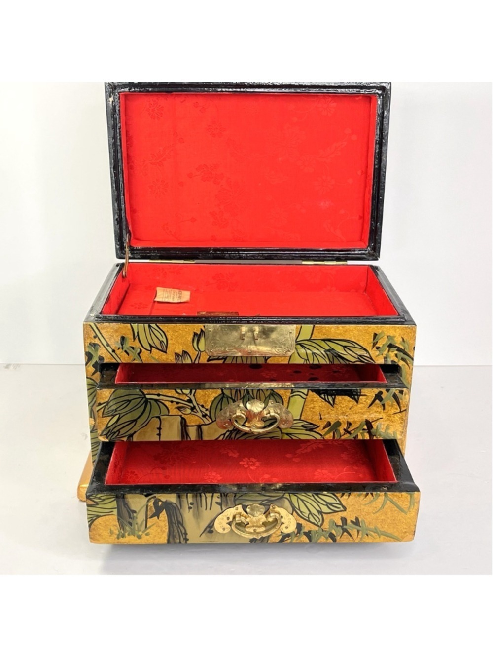 Hand Painted Lacquered Jewelry Box Bamboo Themed Lid Compartment 2 Drawer